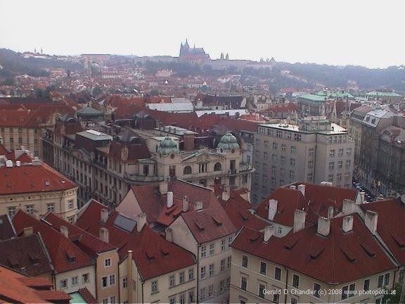 View of Old Town and (across hidden Vltava River) Castle and Cathedral