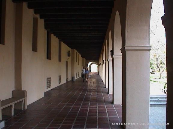 Covered walkway in Spanish style building outside Arms Laboratory
