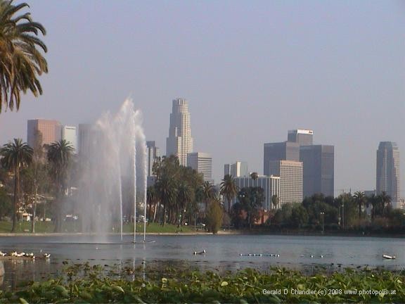 Downtown Los Angeles seen across Echo Park lake