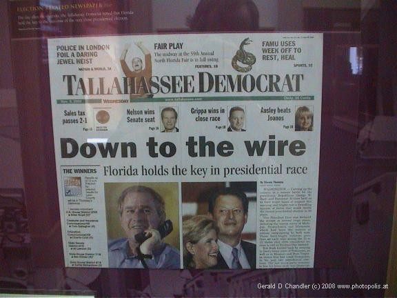 Newspaper in State House museum showing Bush-Gore race