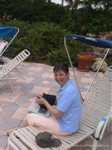Jan in deck chair near pool
